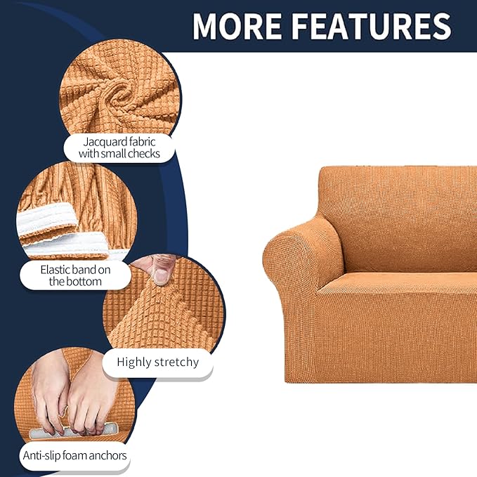 Cupuamon 2026 New Stretch Sofa Slipcovers Couch Cover for 3 Cushion Furniture Protector Sofa Covers with Elastic Bottom Jacquard Fabric Small Checks for Pets, Kids -Sofa, Golden