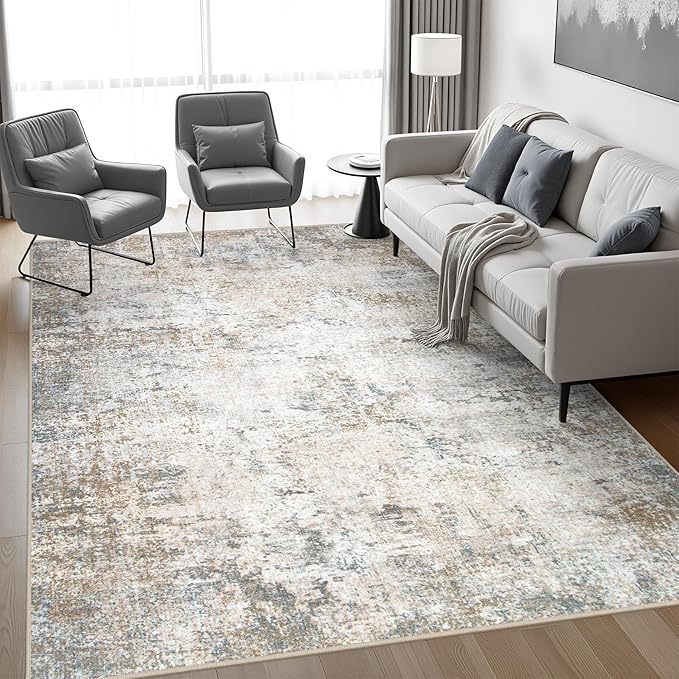 9x12 Area Rug Living Room Rug: Washable Modern Abstract Soft Thin Rug Indoor Floor No Slip Stain Resistant Carpet for Bedroom Dining Room Farmhouse Nursery Home Office - Brown Grey