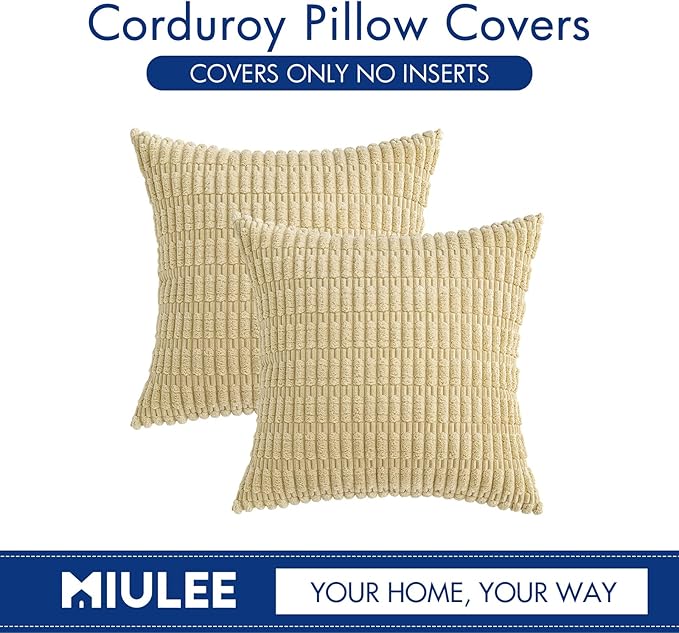 MIULEE Pack of 2 Corduroy Decorative Throw Pillow Covers 18x18 Inch Soft Boho Striped Pillow Covers Modern Farmhouse Home Decor for Sofa Living Room Couch Bed Beige