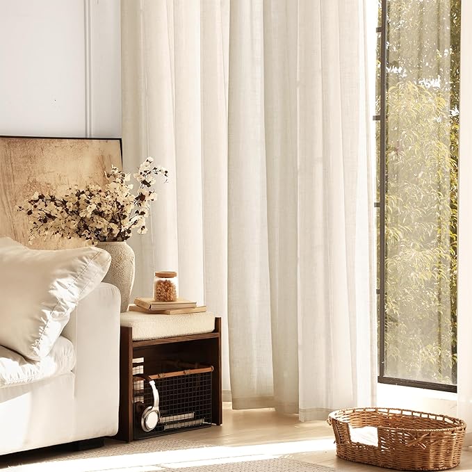 Apricot Linen Curtain 96 inch Length 2 Panels Set Back Tab Light Filtering Living Room Curtain Drapes Home Office Modern Minimalist Decor Farmhouse Boho Neutral Cream Semi Sheer Curtain 96 inch Long