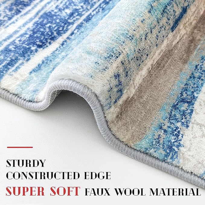 Lansny Modern Abstract Runner Rug 3x14, Blue Washable Long Kitchen Runner Non-Slip Soft Hallway Rug Runner Ultra Thin Print Faux Wool Carpet for Entryway Bedroom Laundry Room Indoor Home Decor