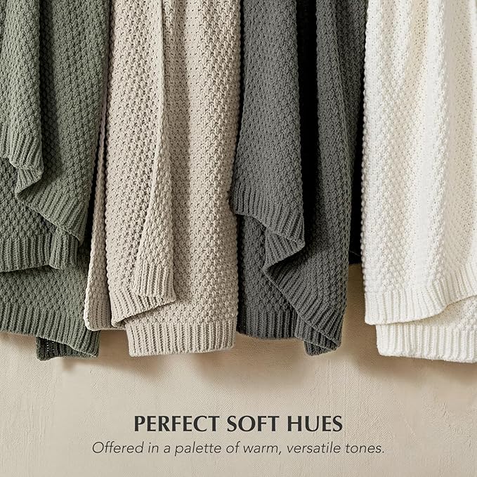 EVERGRACEHOME Chunky Chenille Knit Throw Blanket for Couch, Soft Luxurious Moss Stitch Blankets for Bed, Cozy Decorative Farmhouse Knitted Throws for Sofa, Dried Thyme Green, 50" x 60"