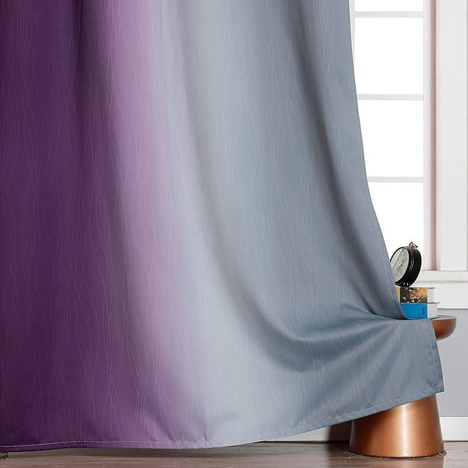 Purple and Grey Blackout Curtains 45 Inches Long,Ombre and Wavy Line Pattern 100% Blackout Curtains for Bedroom,Full Light Blocking Grommet Thermal Insulated Drapes for Kids Room, 52x45 Inch, 2 Panels