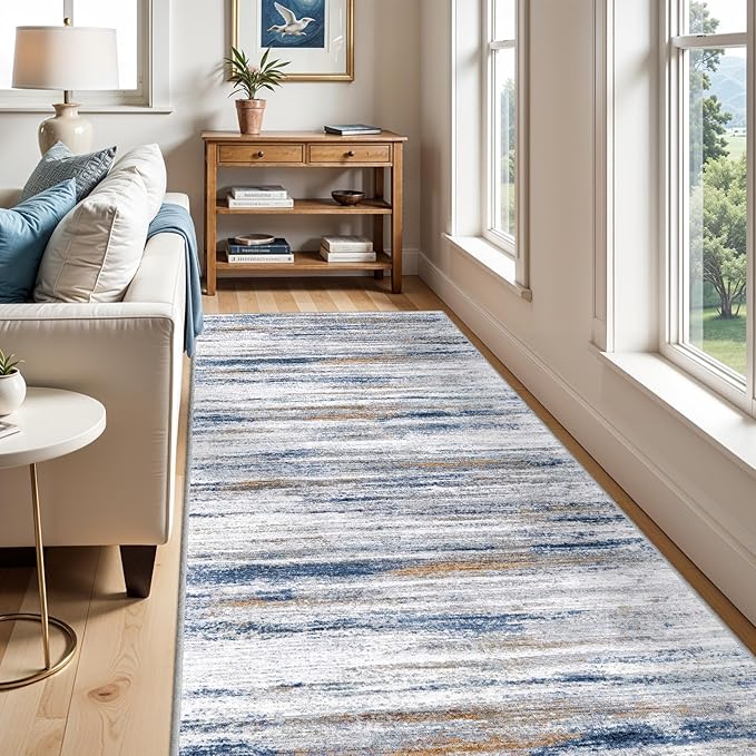 Large Runner Rugs for Hallway 4x20: Non-Slip Washable Wide Carpet - Soft Low-Pile Stain and Spill Resistant Rug for Entryway Living Room Dining Room Balcony Garage Office Navy Grey