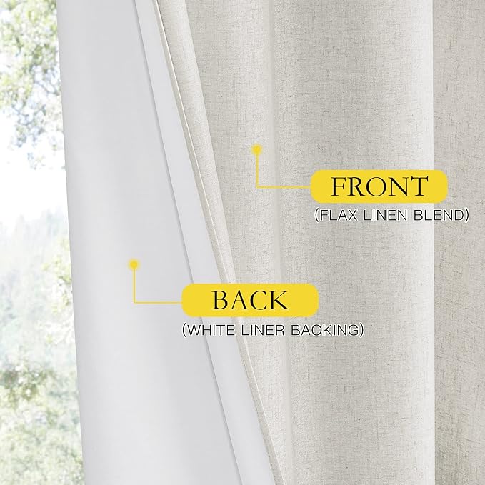 NICETOWN Extra Long Linen 100% Blackout Curtains 120 inches Length 2 Panels Set with Thermal Insulated Liners, Ivory, 62" Width, Farmhouse Style Window Draperies for Patio Sliding Glass Door