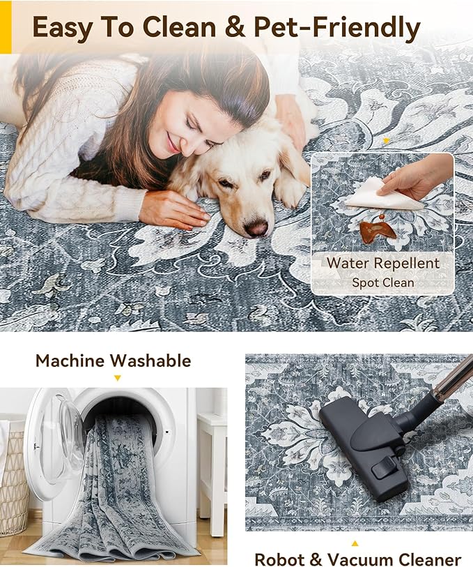 RELEANY Area Rugs 2'x8' Runner Rug Non Slip Washable for Kitchen Hallway Bedroom Beside Laundry Room Bathroom Rug, Floor Carpet, Light Gray Grey White