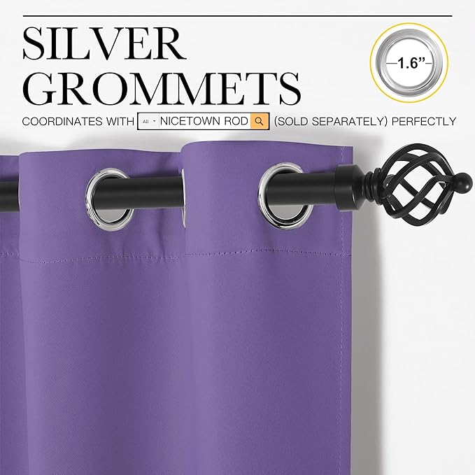NICETOWN Bedroom Curtains Blackout Drapery Panels, 2 Panels, 70 x 72 inches, Lilac Purple, Three Pass Microfiber Thermal Insulated Solid Ring Top Blackout Window Curtains/Drapes