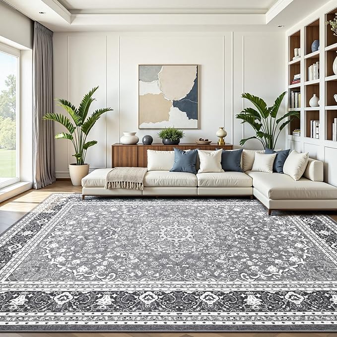 Lofus 8x10 Area Rugs for Living Room, Machine Washable Non-Slip Area Rug, Low Pile Large Rugs for Bedroom, Kitchen, Dining Room, Home Office, Vintage Oriental Print Rug, Light Grey with White