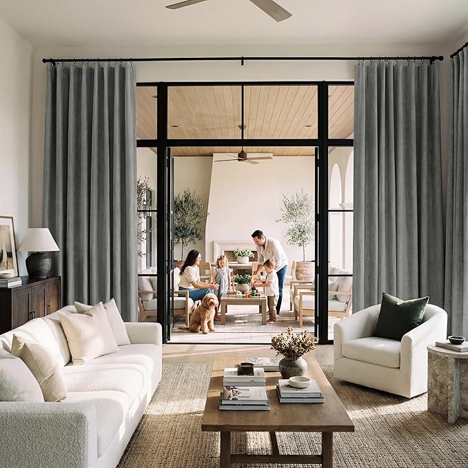 RYB HOME 100% Blackout Linen Textured Curtains 108 inches Long, Thermal Insulating Privacy Energy Saving for Bedroom Living Room Window Office Theater Baby Nursery, W 52 x L 108 in, Grey, 2 Panels