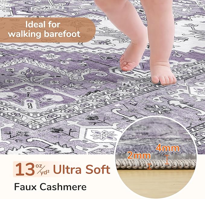 OPPODREAM Soft Area Rugs 3x5, Washable Rugs with Non Slip Backing, Low-Pile Throw 3x5 Carpet, Faux Cashmere 3 x 5 Carpet, Purple