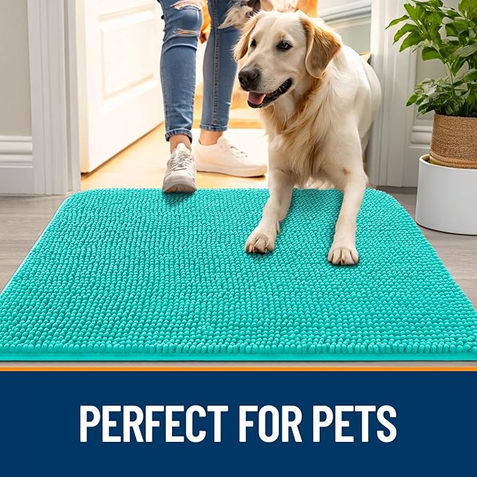 OLANLY Dog Door Mat for Muddy Paws 34x21, Absorbs Moisture and Dirt, Absorbent Non-Slip Washable Doormat, Quick Dry Chenille Mud Mat for Dogs, Entry Indoor Entryway Carpet for Inside Floor, Teal