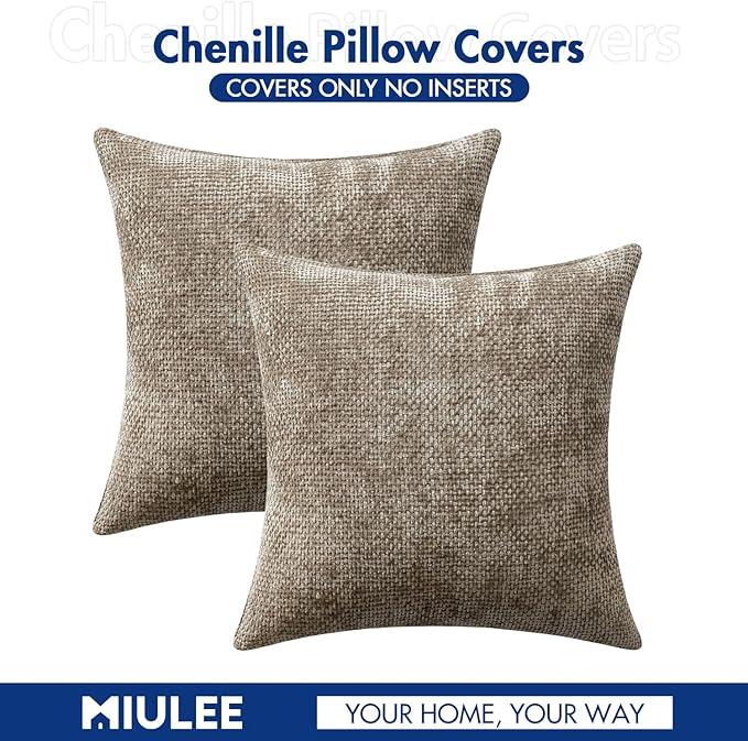 MIULEE Pack of 2 Couch Throw Pillow Covers 16x16 Inch Neutral Khaki Modern Boho Accent Decorative Pillow Covers Soft Chenille Farmhouse Cushion Covers for Home Decor Bed Sofa Living Room