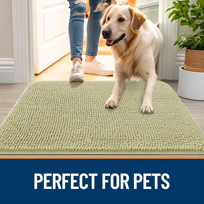 OLANLY Dog Door Mat for Muddy Paws 32x20, Absorbs Moisture and Dirt, Absorbent Non-Slip Washable Doormat, Quick Dry Chenille Mud Mat for Dogs, Entry Indoor Entryway Carpet for Inside Floor, Vanilla