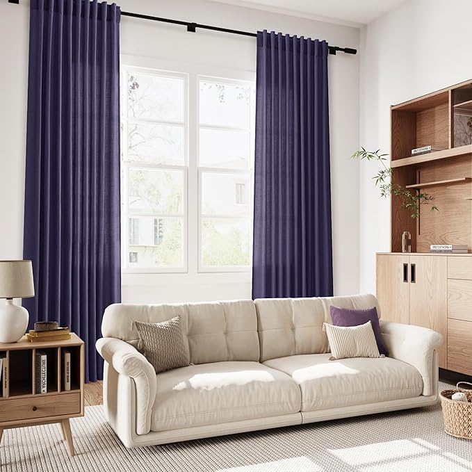 Purple Linen Curtains 90 Inch Long 2 Panels Set for Bedroom Living Room, Soft Linen Textured Window Drapes Semi Sheer Light Filtering Rod Pocket Back Tab Morden Style 52x90