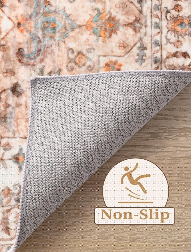 SERISSA Boho Washable Runner Rug, 2x6 Rug Non-Slip Vintage Peach Cream Hallway Kitchen Runner Rug Ultra Soft Print Distressed Floor Carpet for Bedroom Bathroom Laundry Living Room