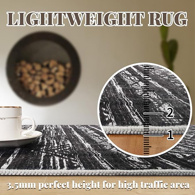 2x6 Washable Hallway Runner Rug - Moroccan Non-Slip Indoor Table Long Runners for Entryway Soft Low Pile Neutral Rugs for Kitchen Waterproof Geometric Carpet for Bedroom Bathroom Laundry 2x6 Black