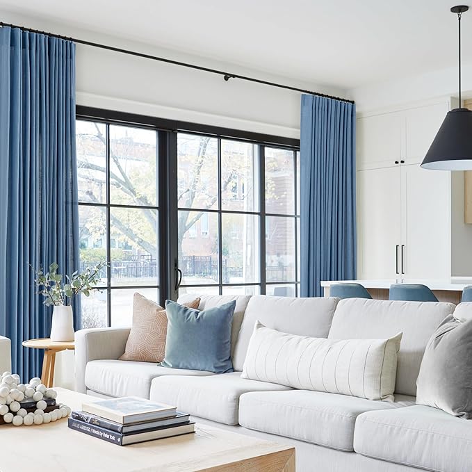 Denim Blue Curtains for Living Room Back Tab Modern Farmhouse Semi Sheer Blue Curtains 120 inches Long 2 Panels Set Muted Neutral Window Curtain for Dining Room Bedroom 52x120