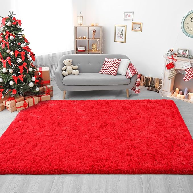 Chicrug Soft Area Rugs for Bedroom Living Room Plush Fluffy Rug 5x8 Feet, Shag Furry Area Rug Carpet Non Shedding for Nursery Children Kids Girls Room Home Decorative, Red