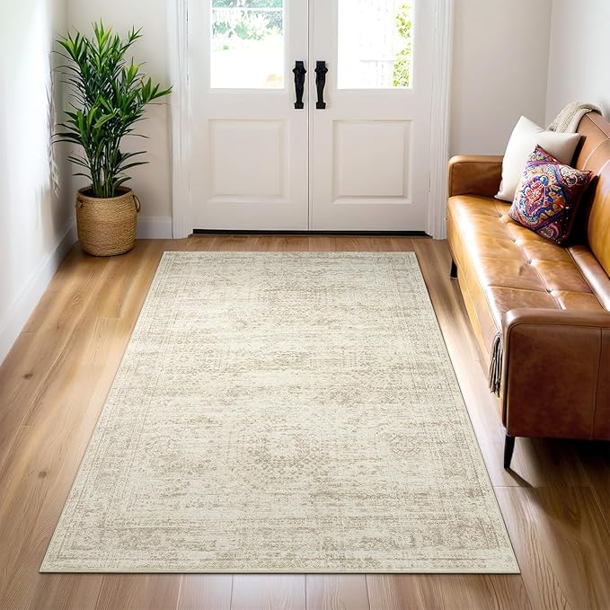 3x5 Rug, Small Area Rug for Kitchen, Entryway, Machine Washable Non-Slip Throw Rug, Vintage Carpet for Nursery Coffee Table Beige