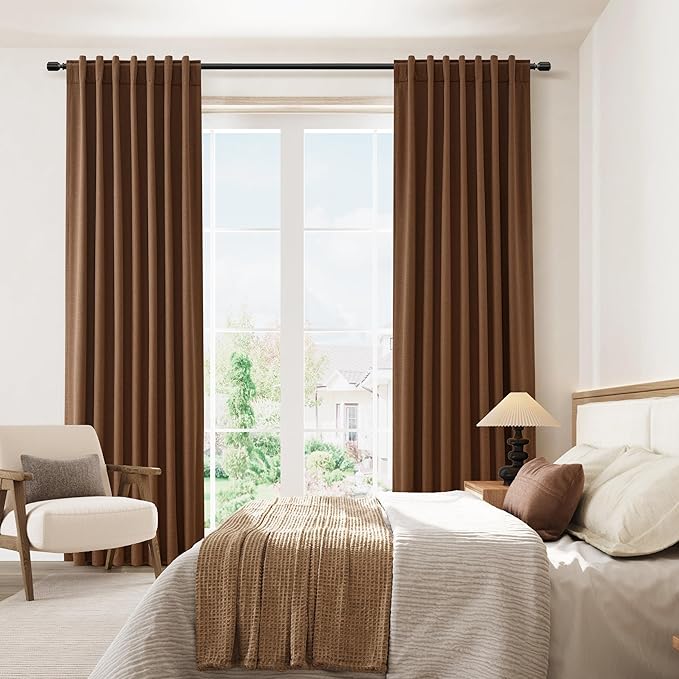 Guken Caramel Brown 100% Blackout Linen Curtains 100 Inch Length 2 Panels Set for Living Room Bedroom Back Tab/Rod Pocket Thermal Insulated Black Out Drapes Room Darkening Window Curtains