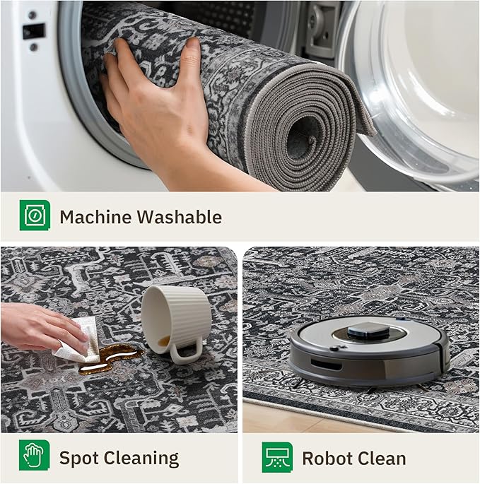 Hallway Washable Runner Rug 2x10 - Non Slip Vintage Kitchen Runner Rugs for Entryway Low-Pile Waterproof Long Runners for Living Room Bedroom Medallion Indoor Floor Mat for Bathroom Laundry Black