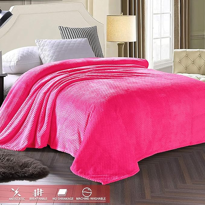 Exclusivo Mezcla Fleece Bed Blanket Twin Size, Super Soft and Warm Blankets for Couch, Sofa and Bed Waffle Textured, Cozy, Fuzzy and Lightweight (Hot Pink, 90x66 Inches)
