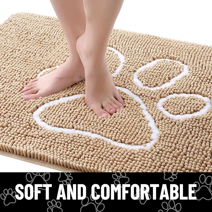 Smiry Dog Door Mat for Muddy Paws, Absorbent Dirt Trapper Non Slip Quick Dry Washable Chenille Mat for Mud Dogs, Entry Rug for Indoor and Outdoor (47x17 Inches, Beige and White)
