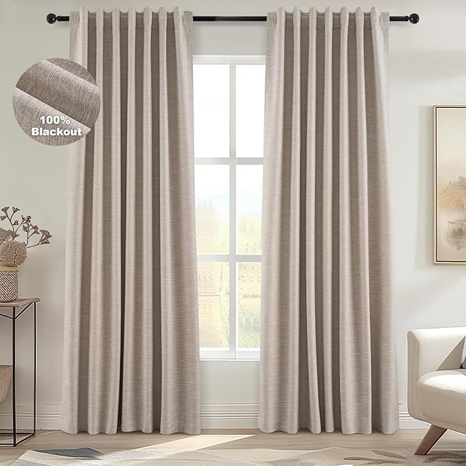 Topfinel Light Blocking Rustic 96 Inch Long Linen Curtains 2 Panel Set, Modern Farmhouse Curtains for Living Room, Room Darkening Tab Top Textured Noise Reduction Drape 8FT Hook&Ring Included