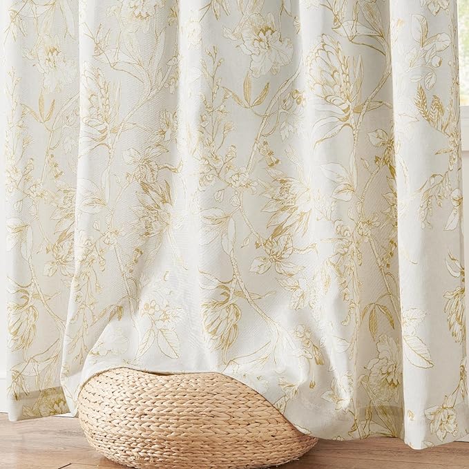 jinchan Floral Curtains 96 Inches Long Mustard Yellow Flower Linen Farmhouse Curtain for Living Room French Country Vintage Curtain Rod Pocket Curtains Set 2 Panels Floral Printed