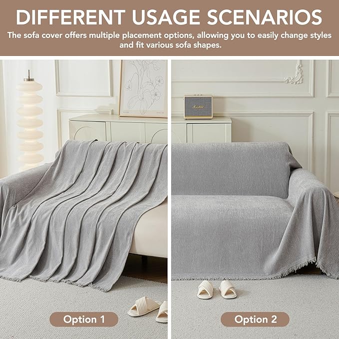 Couch Cover for Dogs, Boho Sofa Covers for 3 Cushion Couch, Chenille Sofa Slipcover for Pets Washable, L-Shape Sectional Couch Cover Soft Throw Blankets with Tassels(91x150,Grey)