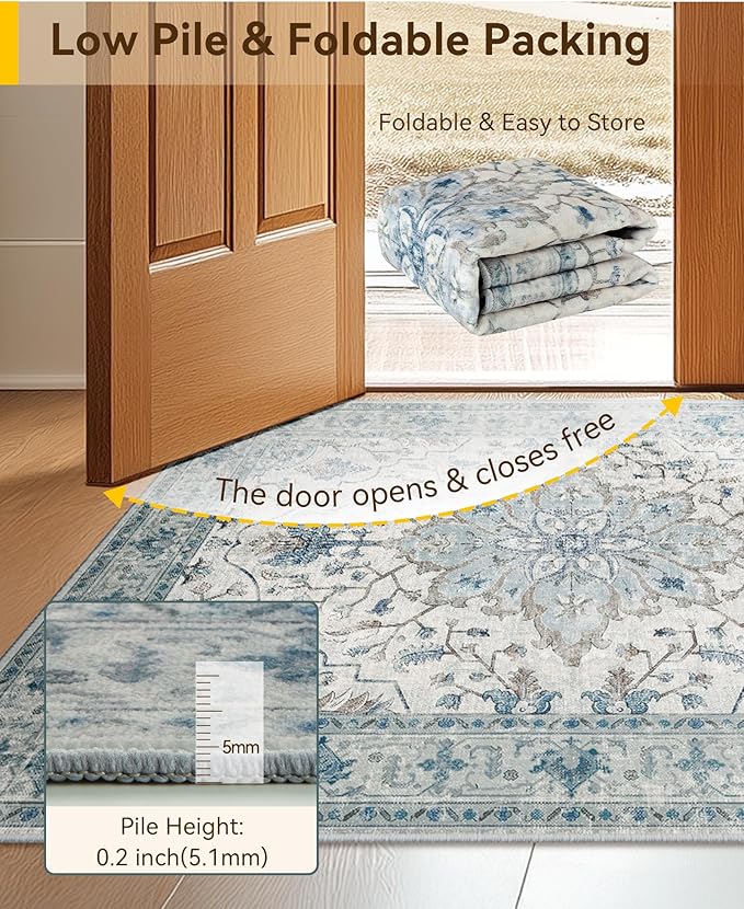Area Rugs 3'x8' Runner Rug Non Slip Washable for Kitchen Hallway Bedroom Beside Laundry Room Bathroom Rug, Floor Carpet, Light Blue Navy Beige Gray White