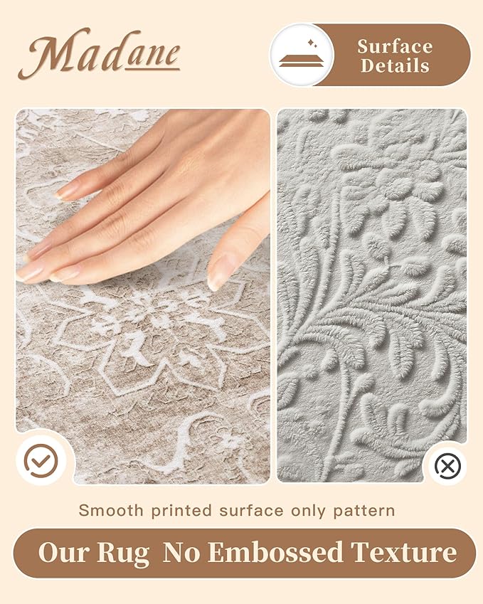 Madane Runner Rug 2x8 for Hallway, Kitchen Non-Slip Runner Rug with Rubber Backing, Vintage Soft Low Pile Throw Neutral Carpet Runner for Laundry Room Entryway Bathroom Bedroom (2 x 8, Brown/Sand)