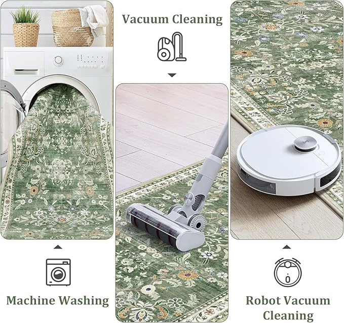 Yamaziot Washable Runner Rug 3x8 – Large Floral Non Slip Boho Hallway Runner Rug with Rubber Backing, Low Pile Faux Wool Distressed Carpet for Kitchen, Laundry, Bedroom, Entrance, Green
