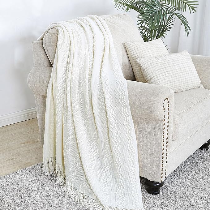 BOURINA Off White Throw Blanket 50x60 Inches Throw Textured Solid Soft Sofa Couch Decorative Knit Blanket
