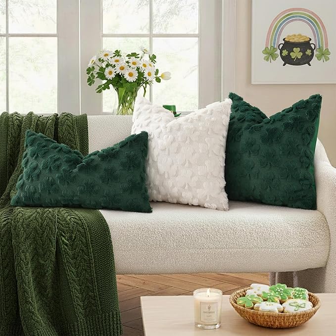 decorUhome St. Patrick’s Day Shamrock Pillow Covers 18x18 Inch Set of 2, Soft Plush Faux Wool Cream White Throw Pillow Covers, Farmhouse Spring Holiday Decor for Sofa Living Room