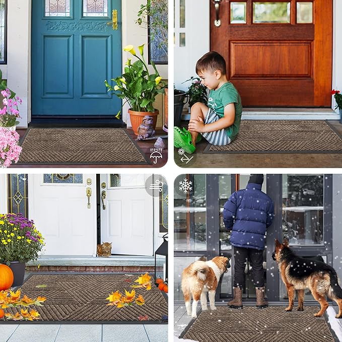 Smiry Front Door Mat Outside Entrance, Heavy Duty Sturdy Natural Rubber Doormat, Trap Dirt and Moisture, Easy Clean Low Profile Mats for Indoor Outdoor Entry, Irregular Triangle (59x30, Brown)