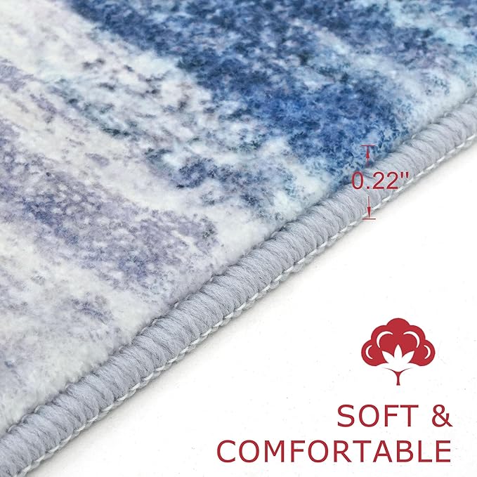 KOZYFLY Modern Abstract Hallway Runner, 2x12 Washable Rug Runner Non-Slip Soft Striped Kitchen Runner Rug, Blue/Grey/Beige Print Carpet for Entryway Bathroom Laundry Room Foyer