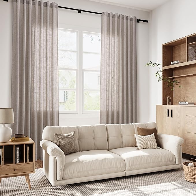 Nanspring Brownish Grey Linen Curtains for Living Room 105 Inches Long Back Tab Light Filtering Semi Sheer Curtain Modern Farmhouse Decor for Bedroom Office Luxury Textured Drapes 52x105, 2 Panels
