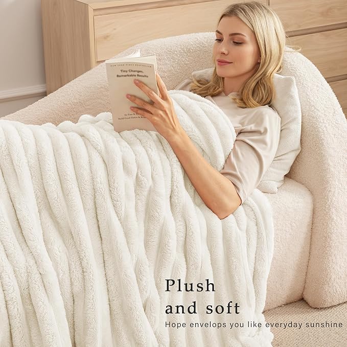 Exclusivo Mezcla Queen Size Flannel Fleece Blanket, Super Soft Striped Jacquard Bed Blanket, Lightweight Fuzzy Cozy for All Seasons, 90x90 Inches, Ivory