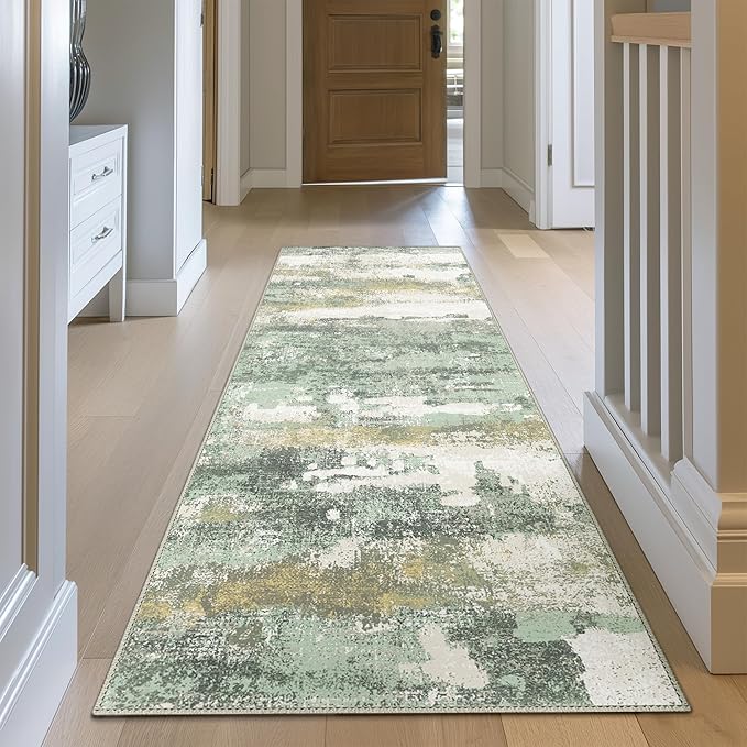 BEIMO Runner Rug for Hallway Kitchen, 2'6"x5' Machine Washable Runners Rug for Entryway, Soft Modern Abstract Throw Rugs, Low Pile Floor Cover with Non Slip Backing, Light Green