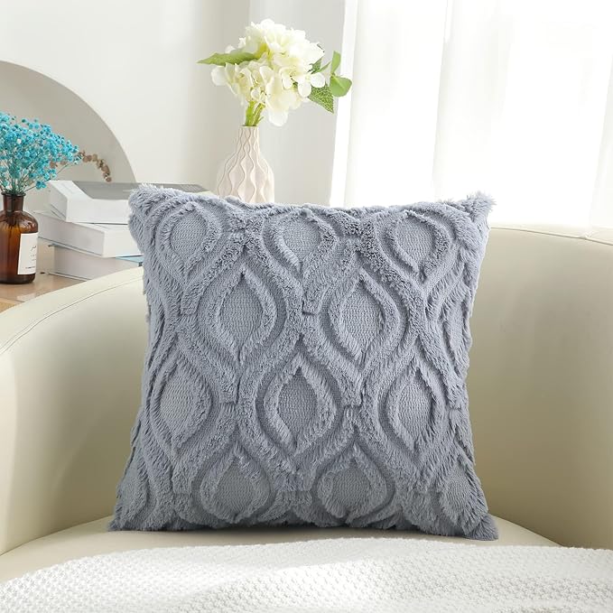 decorUhome Throw Pillow Covers 26x26 Inch Set of 2, Soft Plush Faux Wool Blue Grey Solid Couch Pillow Covers, Accent Euro Sham Farmhouse Neutral Square Pillow Cases for Sofa Bed Living Room
