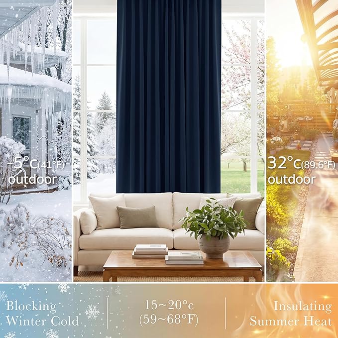PONY DANCE Blue Blackout Curtains 96 inch Long, Room Darkening Curtains for Bedroom, Thermal Insulated Drapes for Living Room Window, Back Tab/Rod Pocket, 52 x 96 Inch,2 Panels Set, Navy Blue