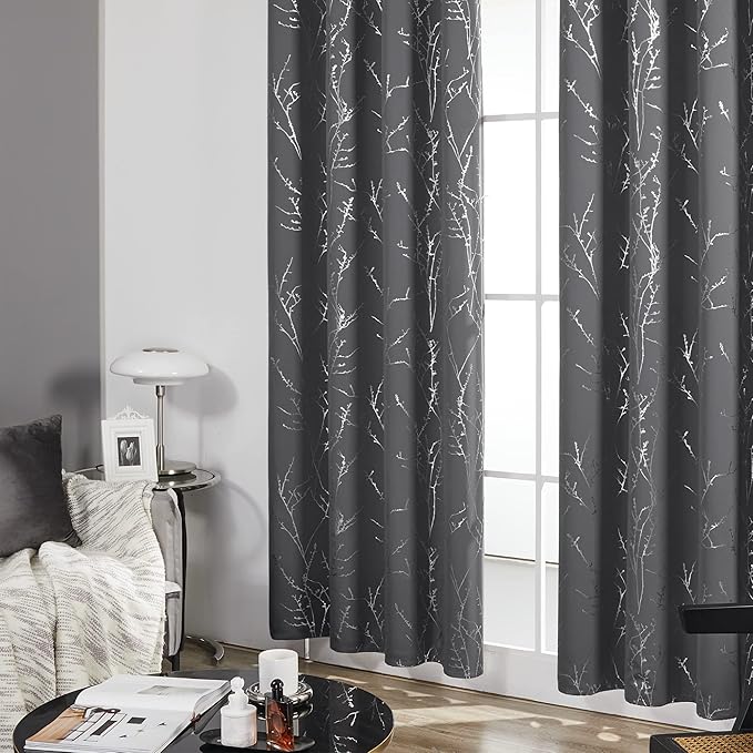 Deconovo Grey Blackout Curtains, Thermal Insulated Soundproof Drapes, Silver Branch Foil Print, 52 x 63 Inch, 2 Panels, Machine‑Washable Privacy Window Panel for Living Room Bedroom Nursery Office