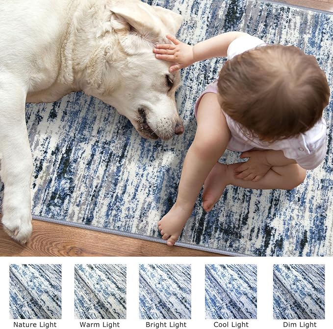 Lansny Modern Abstract Runner Rug 2x10, Grey Blue White Washable Long Kitchen Runner Non-Slip Soft Hallway Rug Runner Thin Print Faux Wool Carpet for Entryway Bedroom Laundry Room Indoor Home Decor