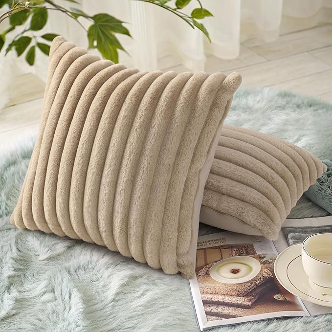 decorUhome Cozy Faux Fur Throw Pillow Covers 16x16 Set of 2 Decorative Soft Plush Striped Modern Farmhouse Boho Couch Pillow Cases with Velvet Back for Sofa Bed Living Room, Khaki Brown