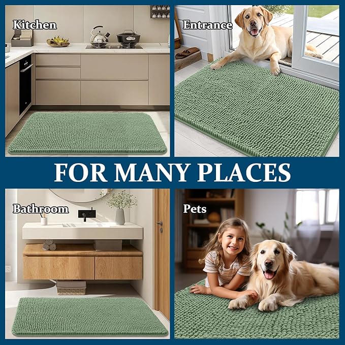 OLANLY Dog Door Mat for Muddy Paws 30x17, Absorbs Moisture and Dirt, Absorbent Non-Slip Washable Doormat, Quick Dry Chenille Mud Mat, Entry Indoor Entryway Carpet for Inside Floor, Olive Green