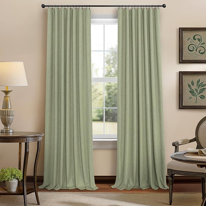 Sage Green Boho Blackout Curtains for Bedroom Window 84 Inch Length 2 Panels Set Linen Textured Thermal Insulated Dark Out Room Darkening Light Sage Curtain Drapes for Living Room 52x84 Long Christmas