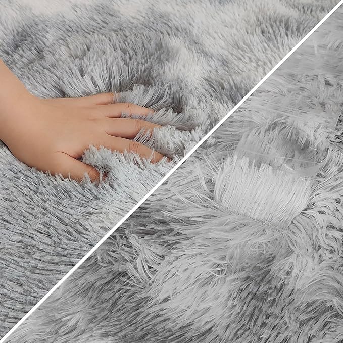 Super Soft Fluffy Living Room Area Rug 2x6 ft Tie-Dyed Light Grey Shaggy Furry Carpet Washable Non-Slip Floor Rugs Bedroom Bedside Nursery Rug Fuzzy Boys Girls Dorm Home Decor Aesthetic