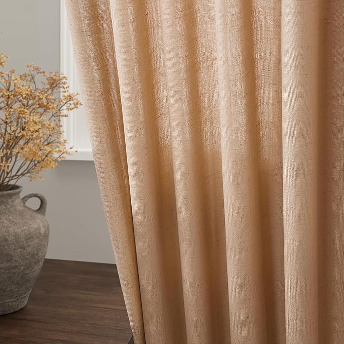 Nanspring Camel Linen Curtains for Living Room Extra Long 144 Inches Long Back Tab Light Filtering Semi Sheer Curtain Vintage Rustic Decor Floor to Ceiling High Window for Bedroom 52x144, 2 Panels