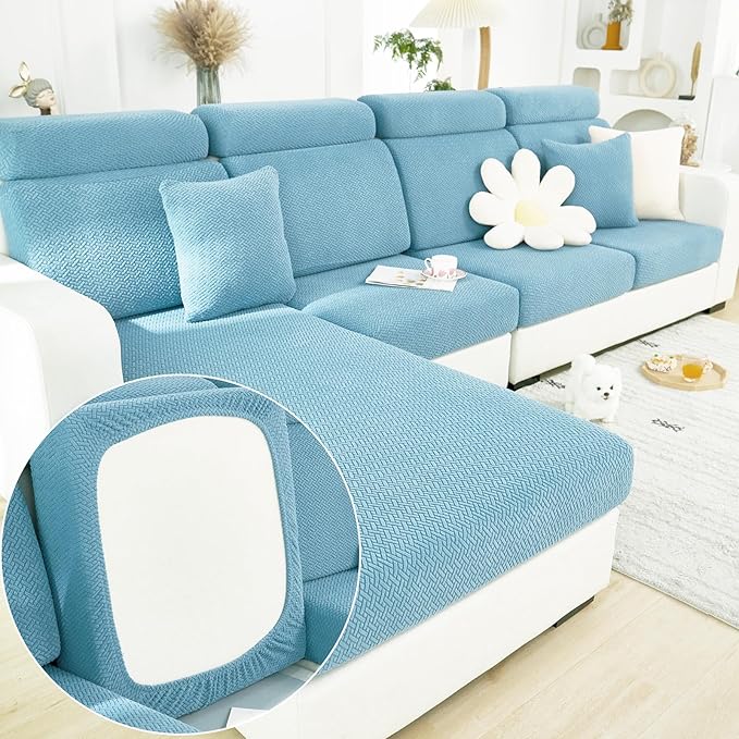 Couch Cushion Covers for Sofa Couch Covers Wear-Resistant Universal Sofa Cover Washable Stretch for Sectional Slipcovers (Texture-Sea Blue,Large Single Seat Cover)